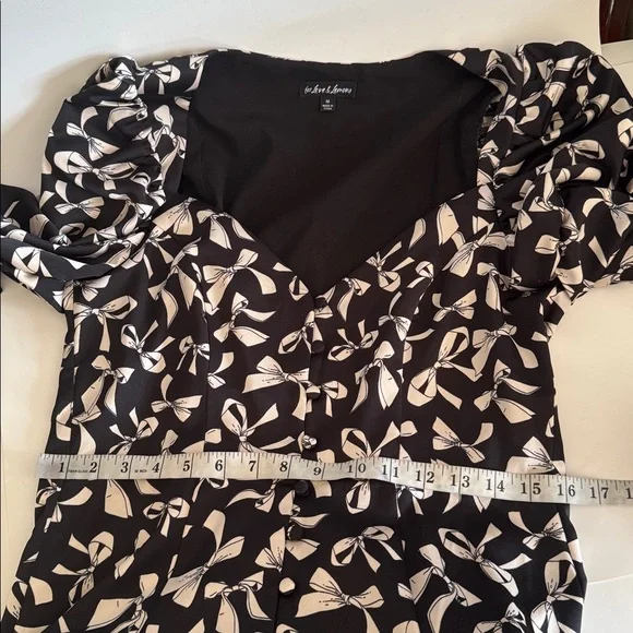 For Love & Lemons Angelica Bow Print Puff Ruched Sleeve Button Front Dress sz M - Picture 8 of 10